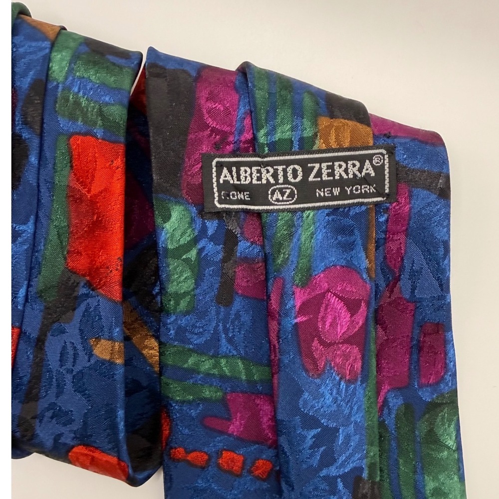 Alberto Zerra Necktie OS Blue Abstract Geometric 90s Retro Silk Tie Jacquard - Picture 5 of 7